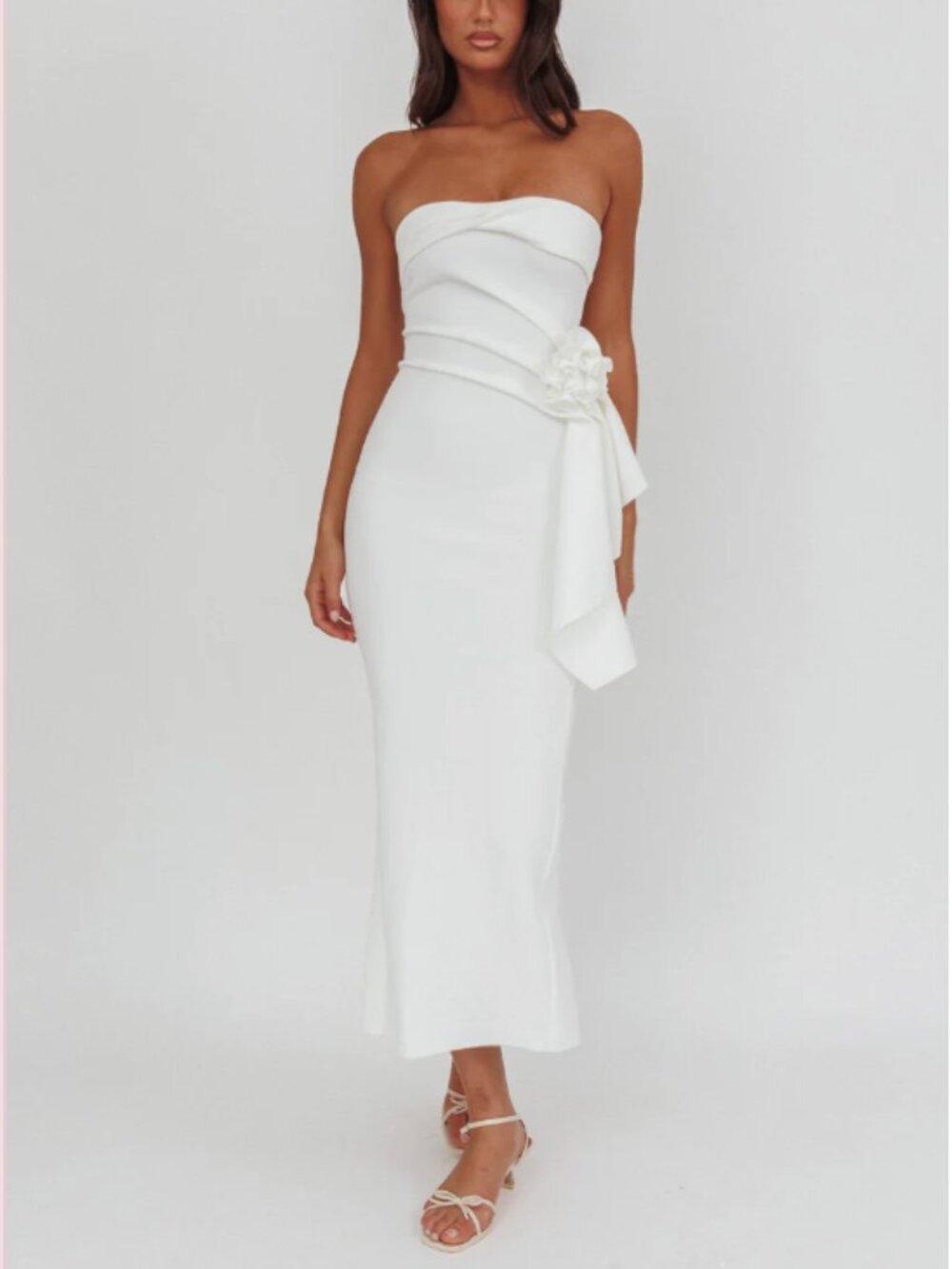 Selfie Leslie Sasha Cascade Ruffle Rosette Midi Dress White